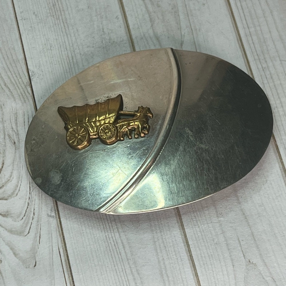 Vintage Nicklel Silver Belt Buckle Covered Wagon Horse Carriage Western Casual - Picture 3 of 8